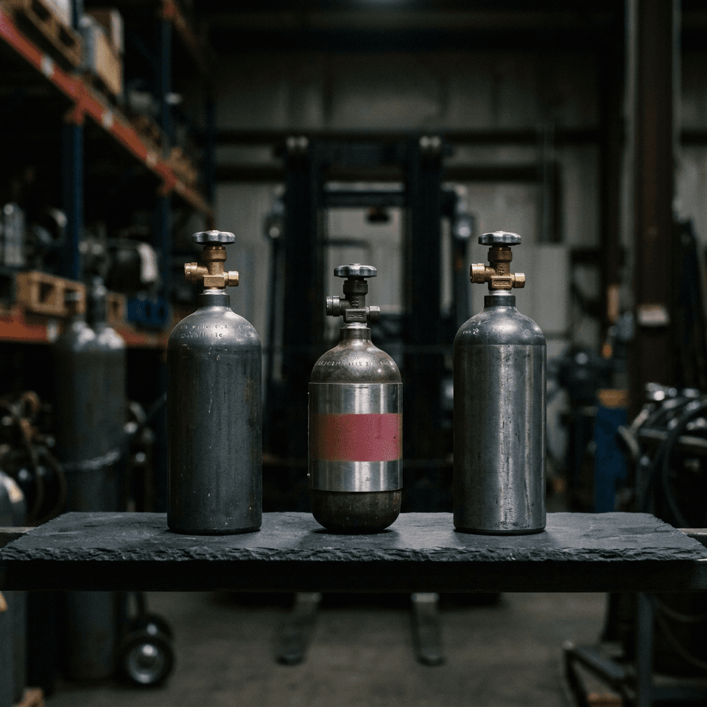 Ряд компактных баллонов на полке в тёмном интерьере